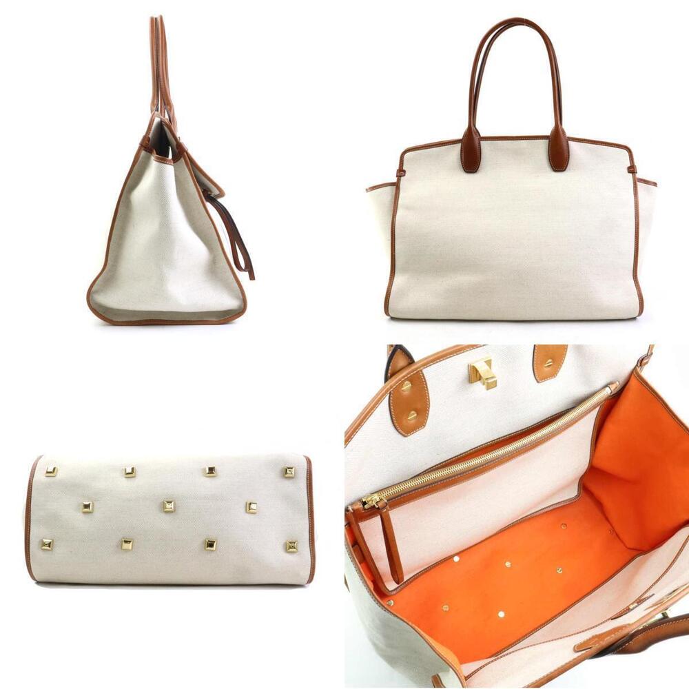 Salvatore Ferragamo brown White canvas handbag Ivory Gancini leather Brown White